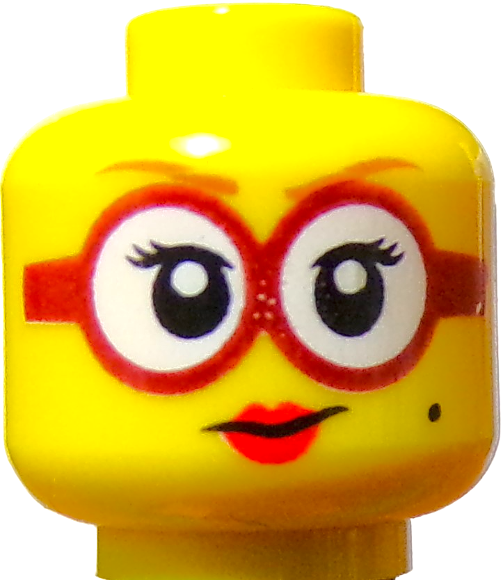 Close-up of a yellow LEGO Minifigure Head featuring red glasses, arched eyebrows, large eyes with long lashes, red lipstick, and a small beauty mark near the mouth.