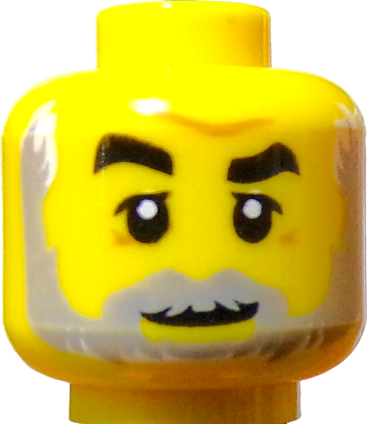 A close-up of a LEGO Minifigure Head features printed details like raised eyebrows, eyes, and a white beard and mustache.