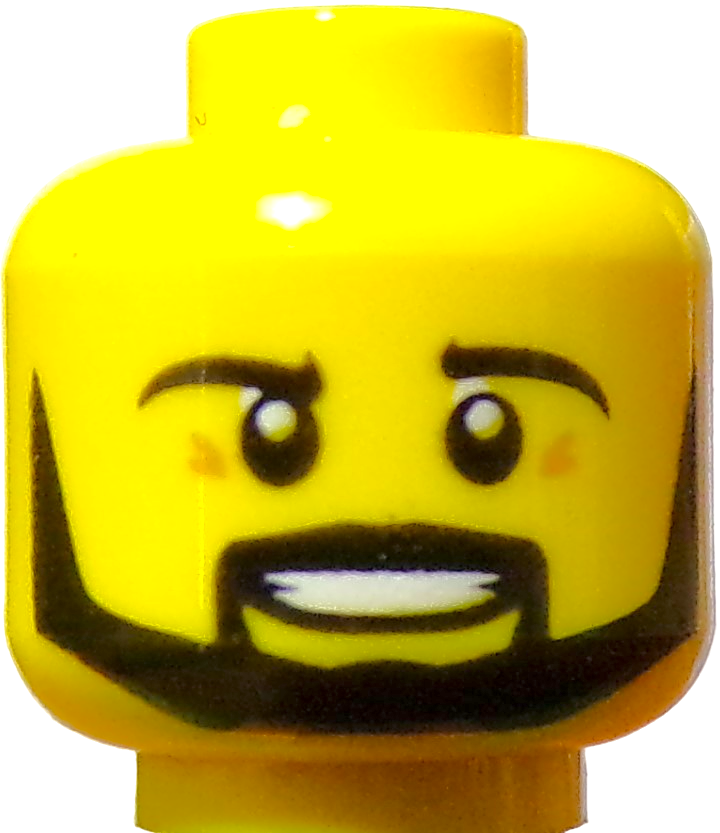 Close-up of a yellow LEGO Minifigure Head featuring a large smile, black eyebrows, a goatee, cartoonish features, and a bald top.