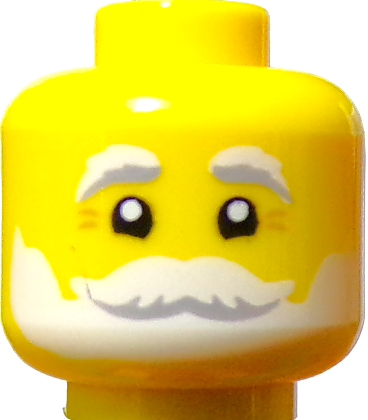 Close-up of a yellow LEGO Minifigure Head featuring painted white eyebrows, eyes, and a white mustache and beard in classic Lego style.