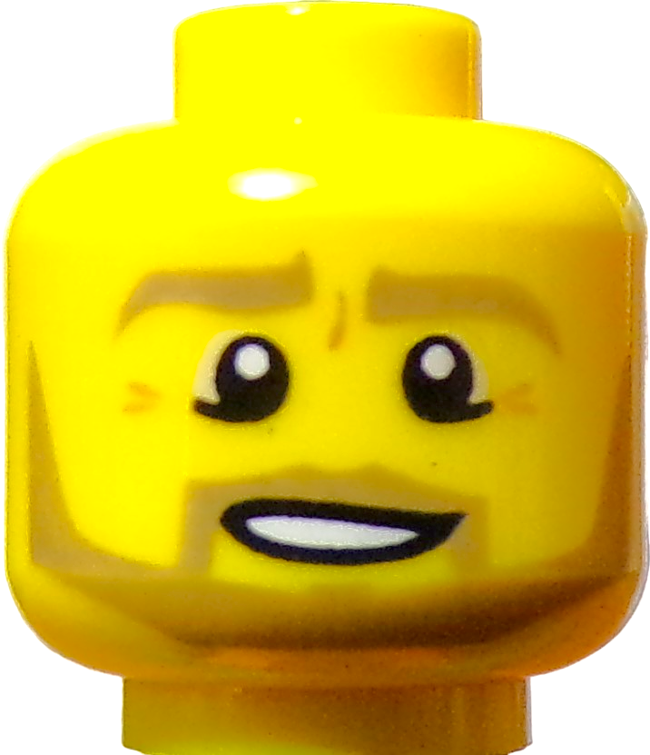 Close-up of a LEGO Minifigure Heads piece in yellow, displaying a cheerful, cartoonish expression with black eyes, simple eyebrows, and a smiling mouth without visible teeth.