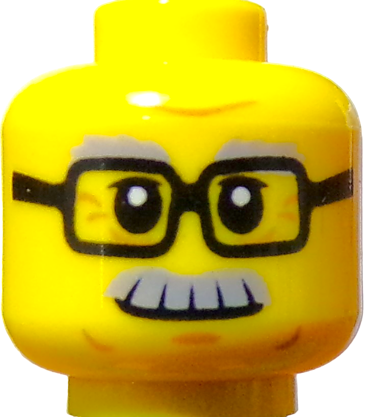 A LEGO Minifigure head with a cartoonish design features black rectangular glasses, large eyes, gray eyebrows, raised eyebrows, and a wide toothy grin.