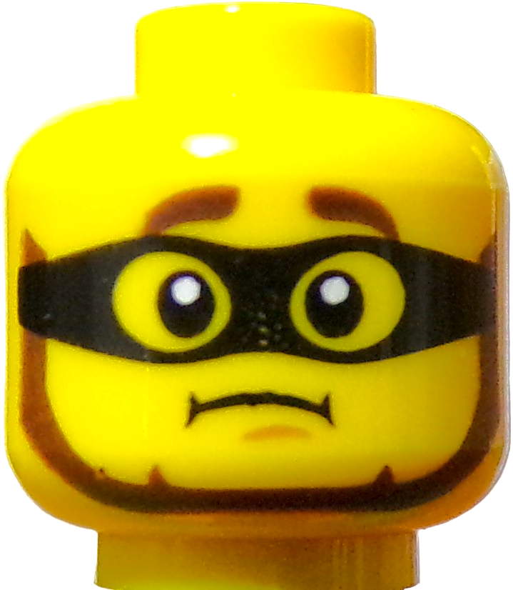 A close-up of a yellow LEGO Minifigure Head shows a worried expression with thick eyebrows, a black mask over large eyes, and a frown.