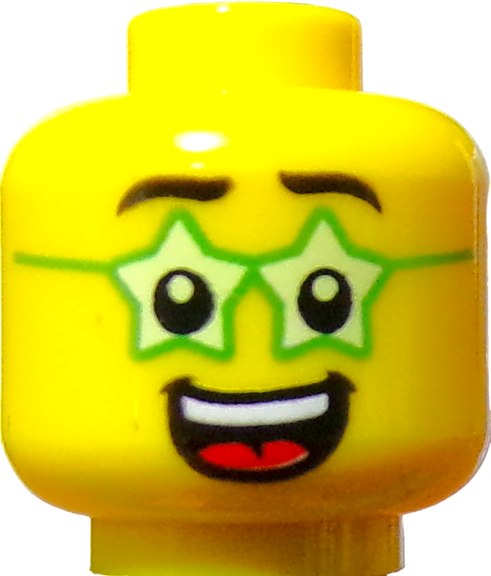 Close-up of a yellow LEGO Minifigure Head featuring green star-shaped glasses, black eyebrows, and a smiling face with an open mouth and red tongue.