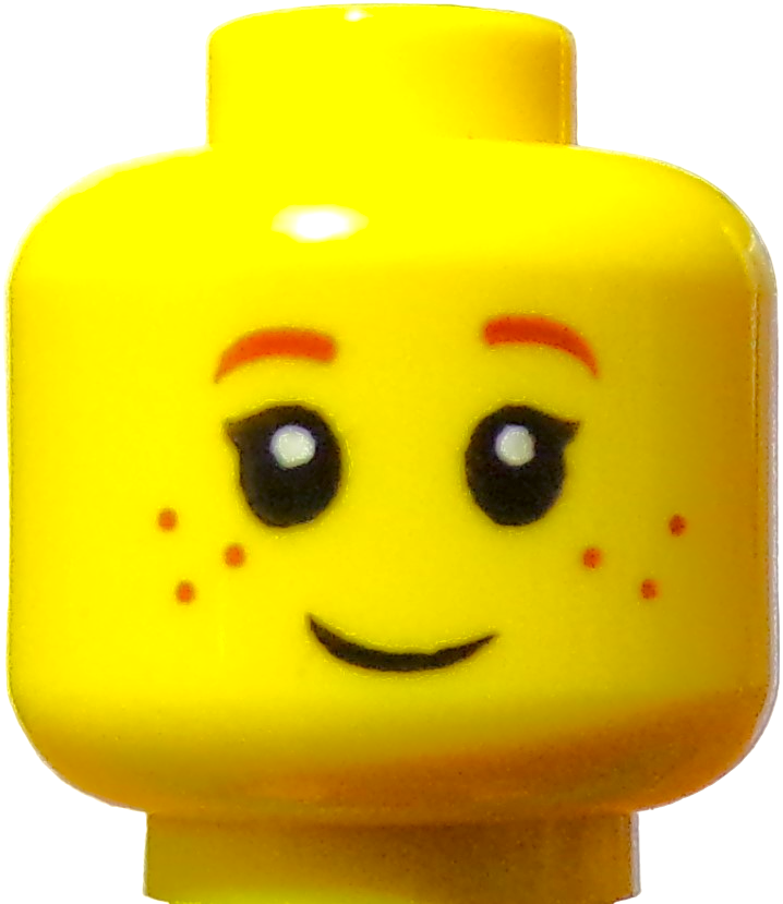 Close-up of a yellow LEGO Minifigure Head with a smile, freckles, printed black eyes with eyelashes, and orange eyebrows.