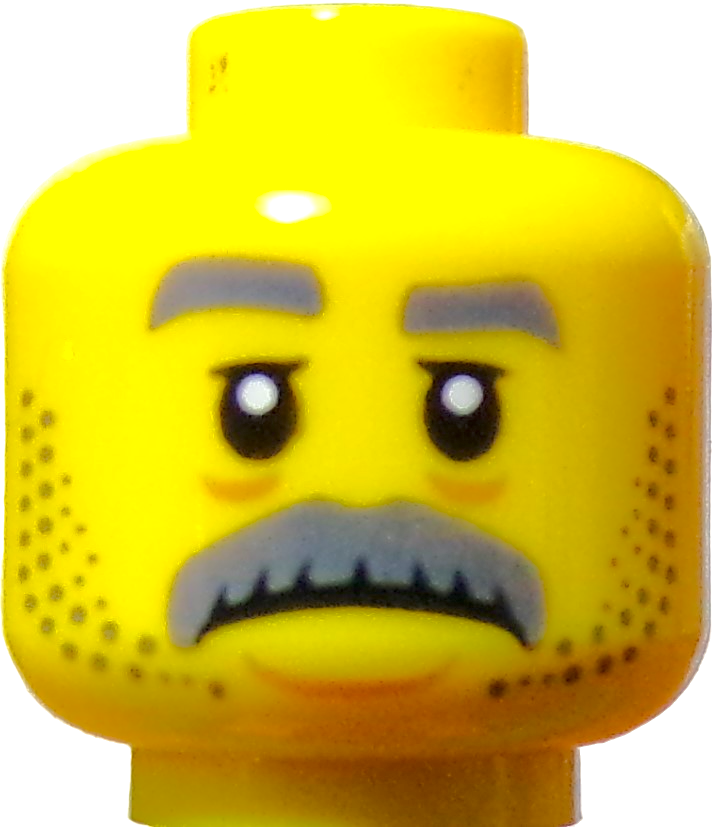 A close-up of a LEGO Minifigure Head with a yellow face shows grey printed eyebrows, a bushy grey mustache, and dotted stubble on the chin and cheeks, giving it a serious or stern expression.