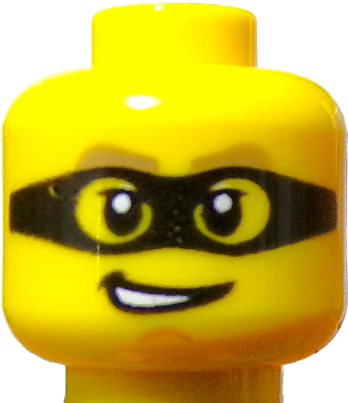 Close-up of a LEGO Minifigure Head featuring a yellow face with a black mask, large smiling eyes, and a mischievous grin.