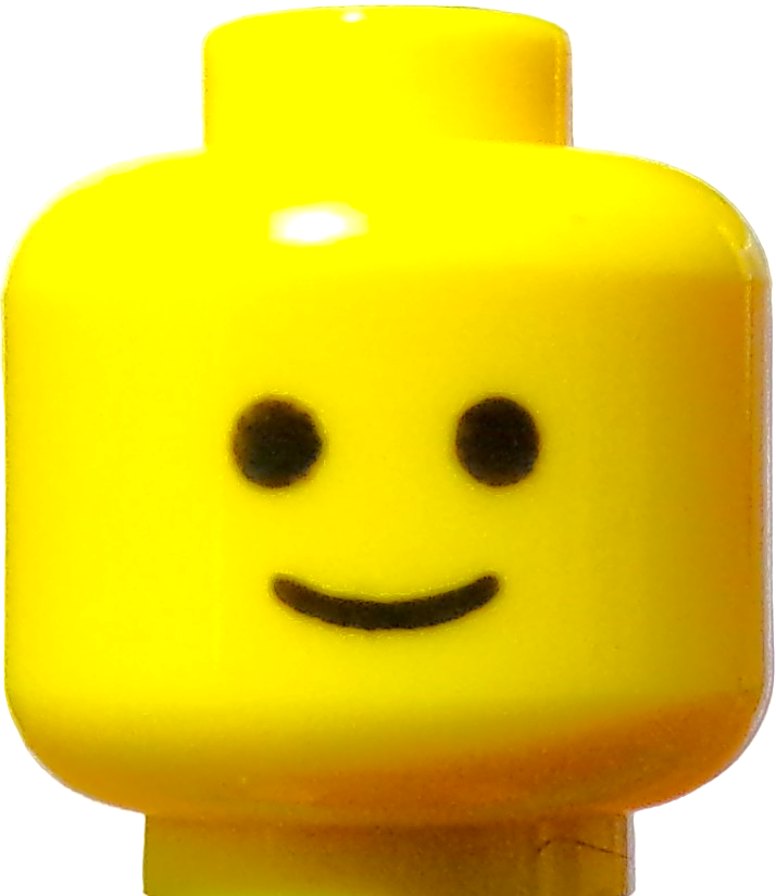 Close-up of a LEGO Minifigure Heads piece in yellow, showcasing a basic smiling face with round black eyes and a curved black mouth.