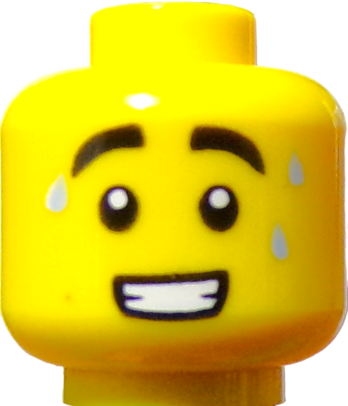 A LEGO Minifigure Head in yellow features a wide-eyed, smiling face with raised eyebrows and three sweat-like marks on the forehead and sides, suggesting a playful or nervous expression.