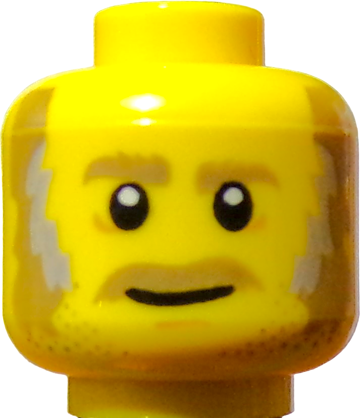 A close-up of a LEGO Minifigure Head with a yellow face, white hair on the sides, bushy eyebrows, and a subtle smile, complete with short beard stubble.