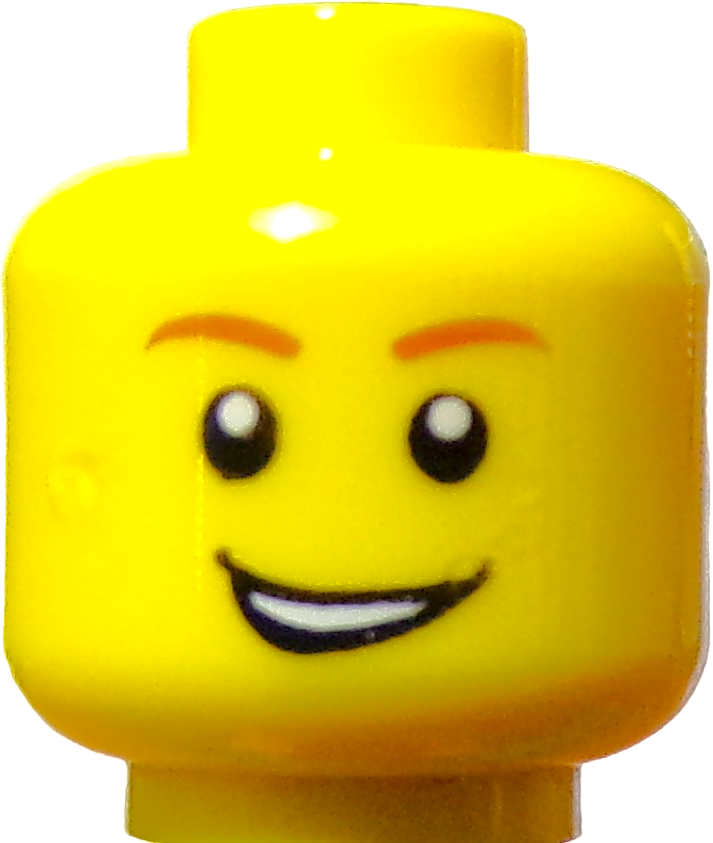 A close-up of a yellow LEGO Minifigure Head reveals a smiling face with black eyes, a simple smile, and brown eyebrows.