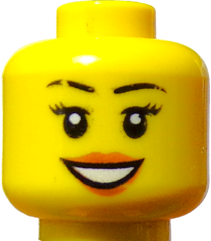 Close-up of a yellow LEGO Minifigure Head with a smiling face, black eyes, raised eyebrows, and red lipstick.