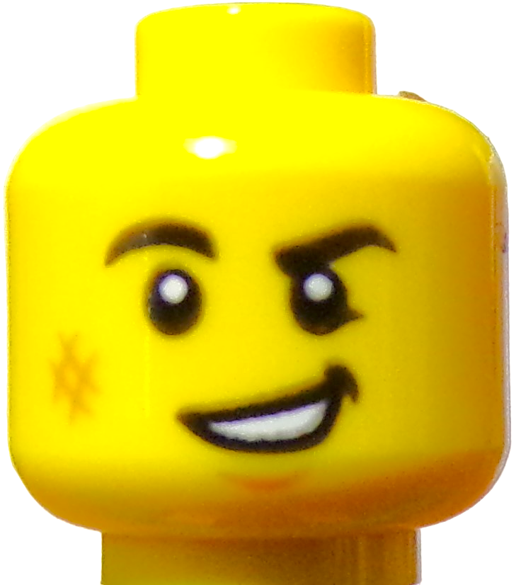 A close-up of a yellow LEGO Minifigure Head displaying a winking face, one eye closed, and a broad smile. The playful, cheeky look is accentuated with a small star-shaped mark on its cheek.