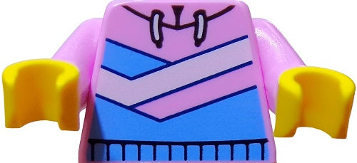 Close-up of a LEGO Minifigure Torso wearing a pink hoodie with blue and white chevron pattern, printed drawstrings, and yellow hands.