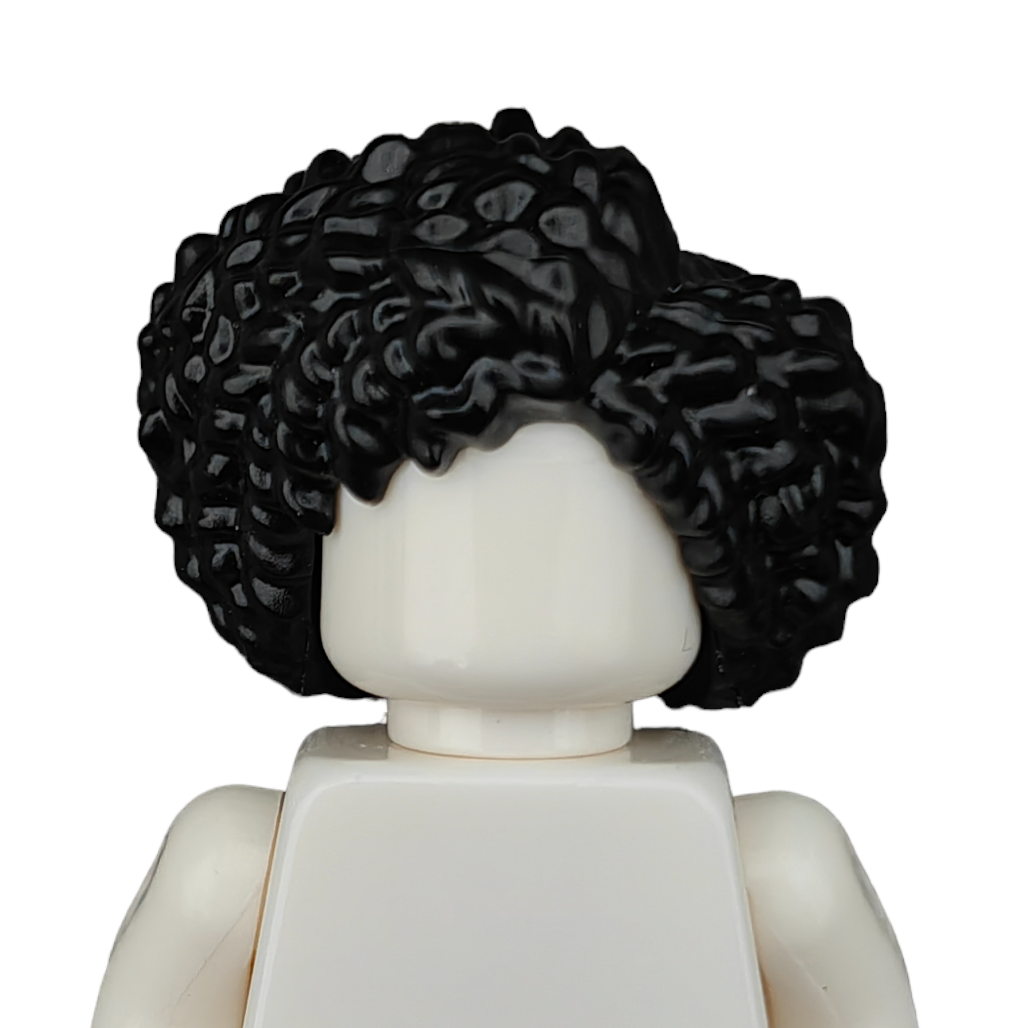 Lego figure featuring a white torso and a face without features, wearing an intricate voluminous updo from the BLACK WIGS collection.