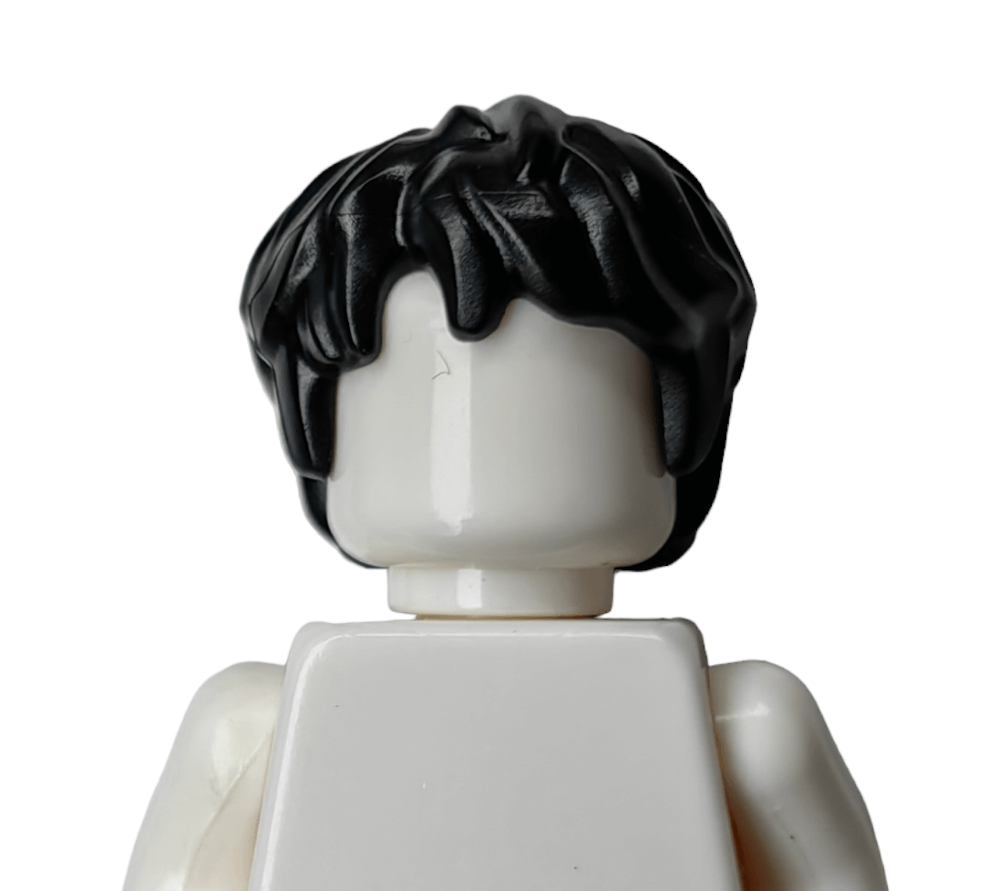 A close-up of a Lego figure with a plain white torso and wearing one of the BLACK WIGS. The figure is facing away, showing the back of its head and upper body against a plain white background.