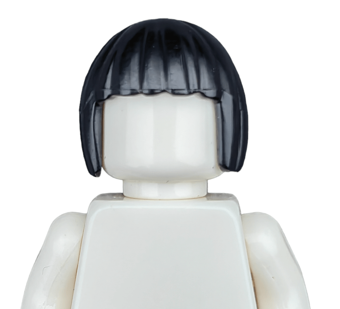 A LEGO minifigure wearing a black, straight bob hairstyle from BLACK WIGS, with a neutral expression and faceless features, dons a plain white torso against a white background.