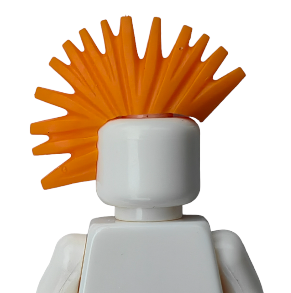 A COLOURED WIGS plastic figure features a detachable orange mohawk hairpiece. Its simplistic design includes no facial features and a basic torso, typical of toy building set figures.