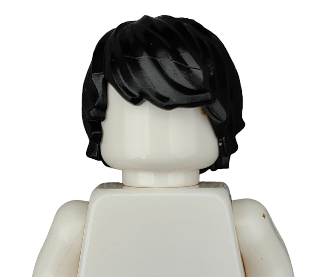 A LEGO minifigure wearing a BLACK WIG, seen from the back without arms and having a plain white body.