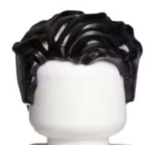 A Lego minifigure head featuring the LEGO 6134617 wig with neat, wavy black hair swept left, showcasing textured ridges.