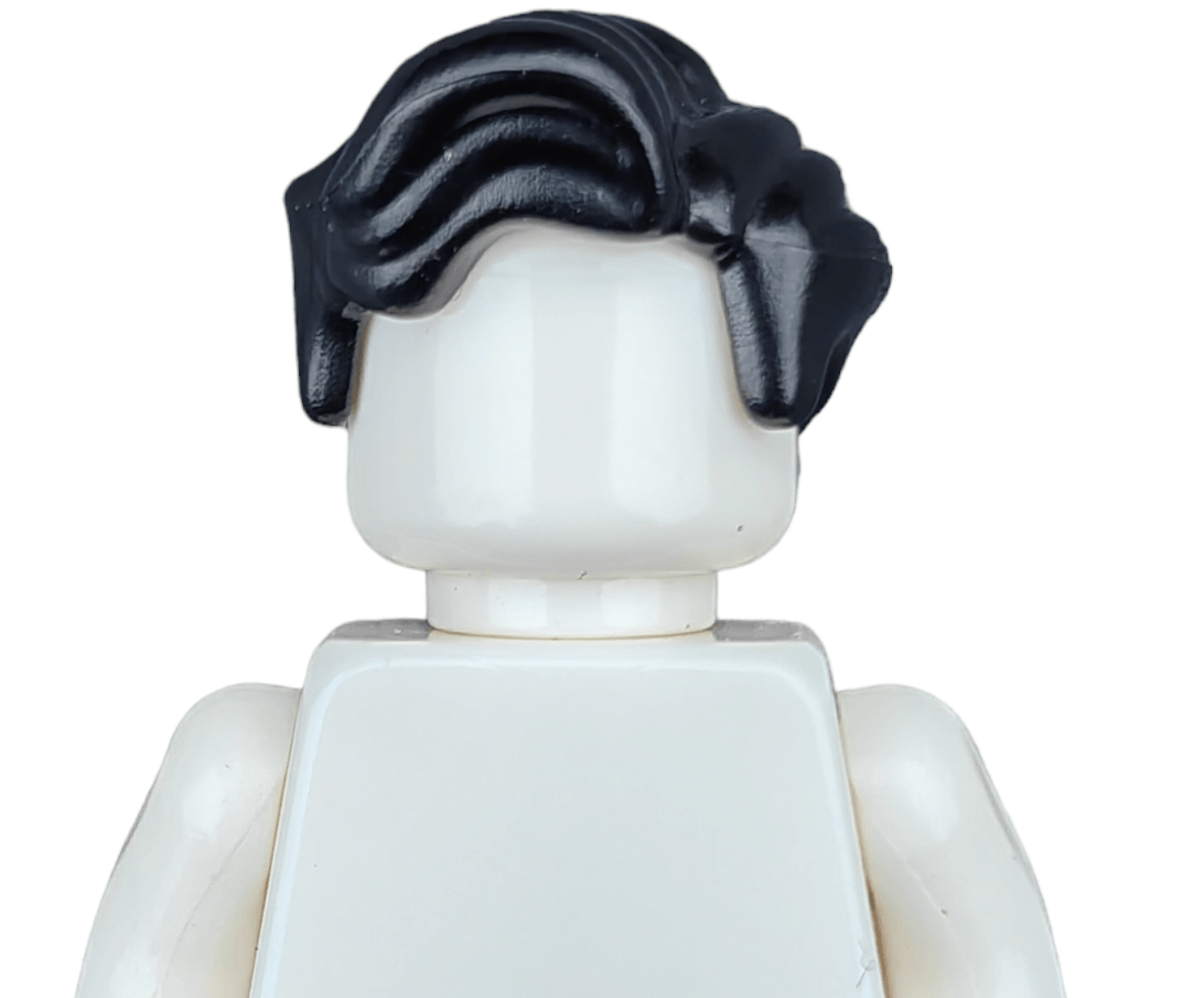 A close-up of a LEGO minifigure with a black wig, seen from behind. It lacks visible facial features and is set against a plain white background.