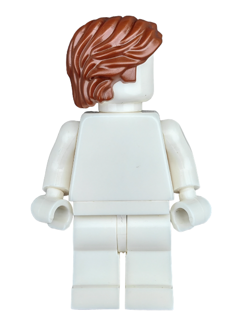 A LEGO minifigure with a plain white torso, arms, and legs features the LEGO 6159776 Wig, sporting brown short/medium wavy hair with a center parting. It stands upright against a plain white background.