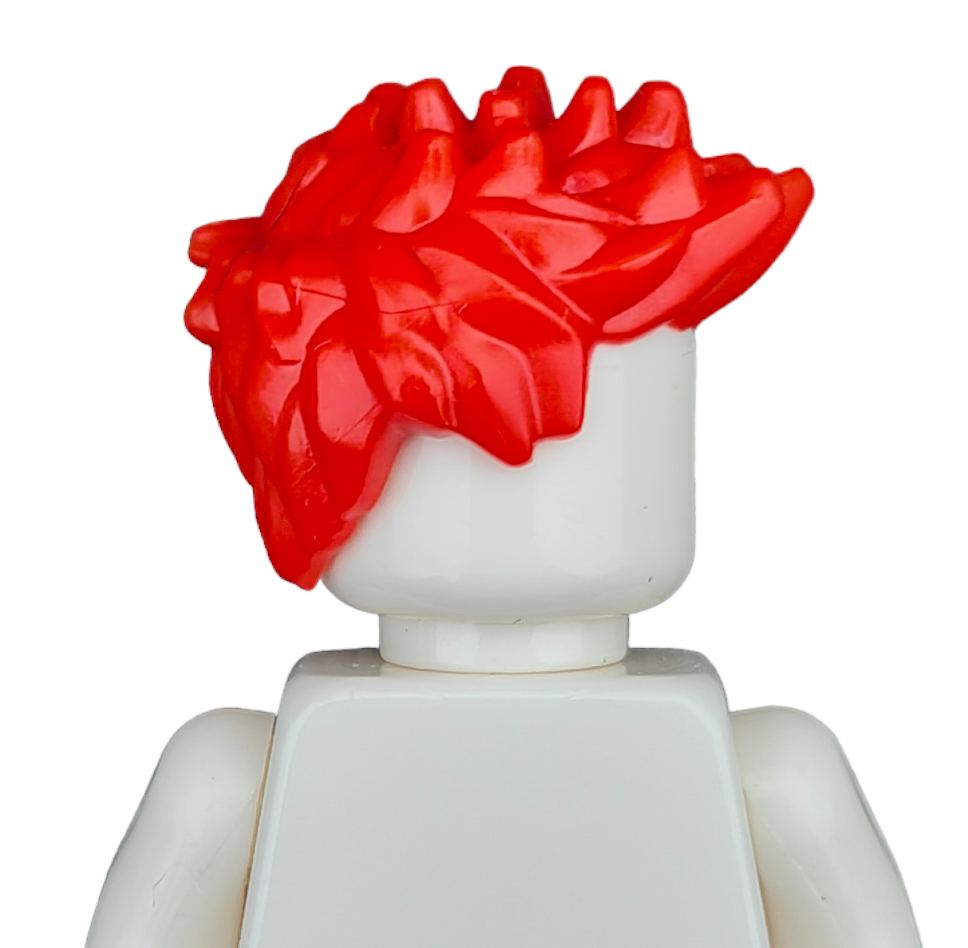 A Lego figure wearing a COLOURED WIG with red spiky hair is displayed from the back against a plain white background.