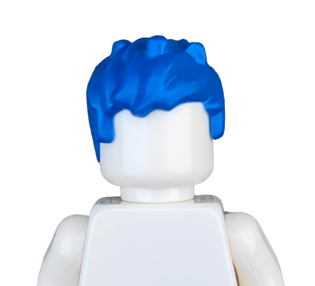 A LEGO-style figure with bright blue hair from the COLOURED WIGS line, viewed from the back, features a plain white body set against a white background.