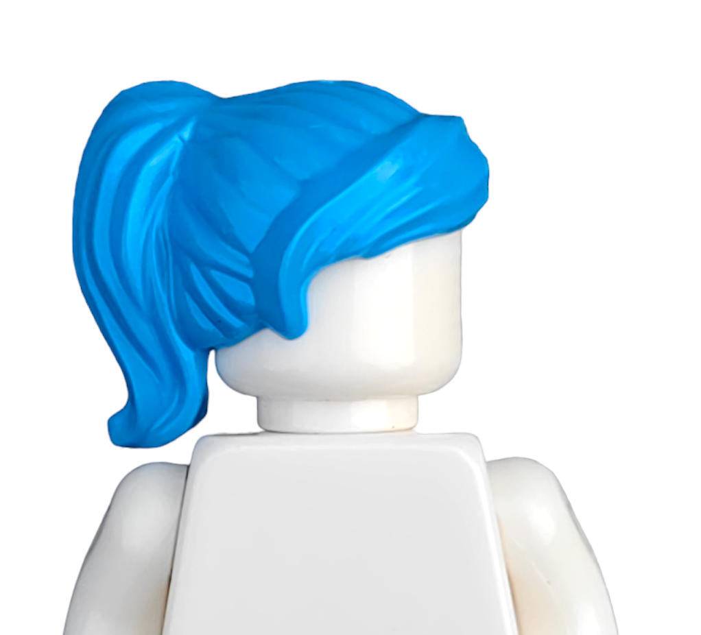 A LEGO minifigure with a plain white body and bright blue hair styled in a ponytail from the COLOURED WIGS collection, with its head turned slightly to the side.