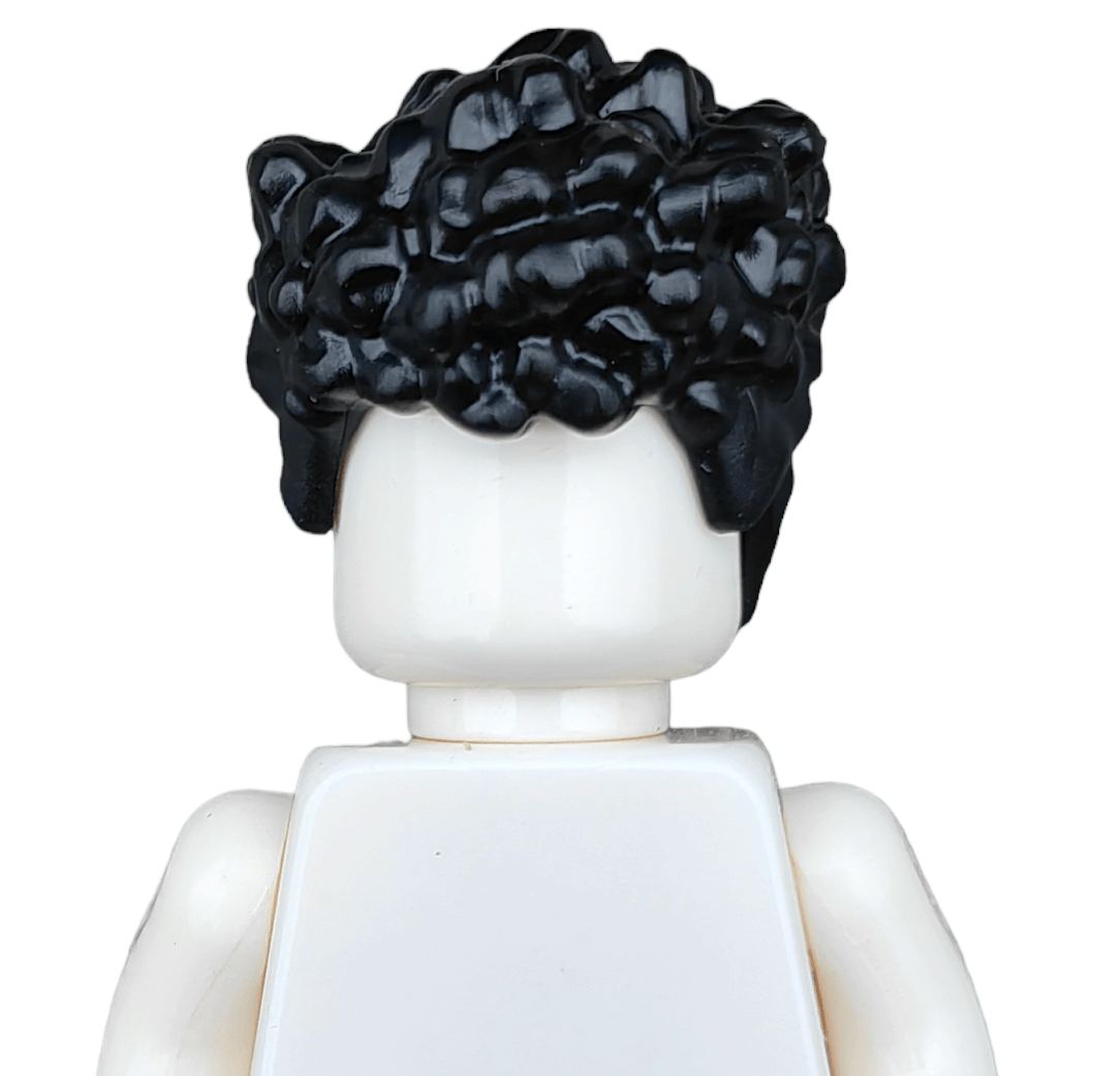 A LEGO minifigure with a BLACK WIGS hairstyle features black curly hair from behind. The plain white head and body have no facial features or clothing details, set against a white background.