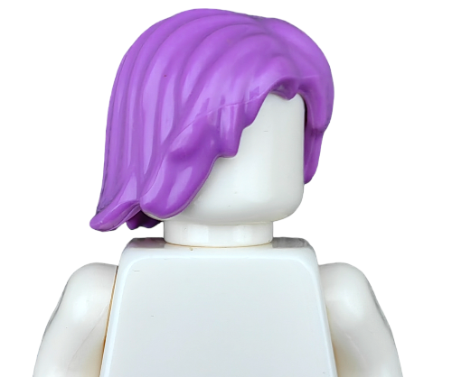 A faceless Lego-style figurine with white body parts and bright purple COLOURED WIGS hair, angled slightly to the side. The figures smooth, wavy wig contrasts with its plain, featureless face and torso.