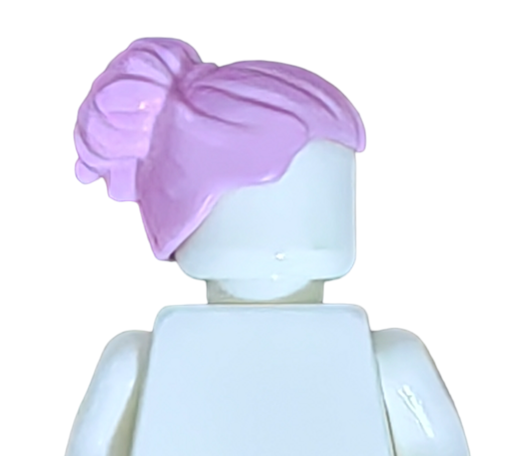 The COLOURED WIGS product features a white LEGO figure with a pastel purple bun hairpiece, viewed from behind against a plain white background.