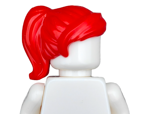 The COLOURED WIGS figurine features bright red hair in a side ponytail, a minimalist white plastic design with no facial features or clothing details, and is portrayed facing away from the viewer.