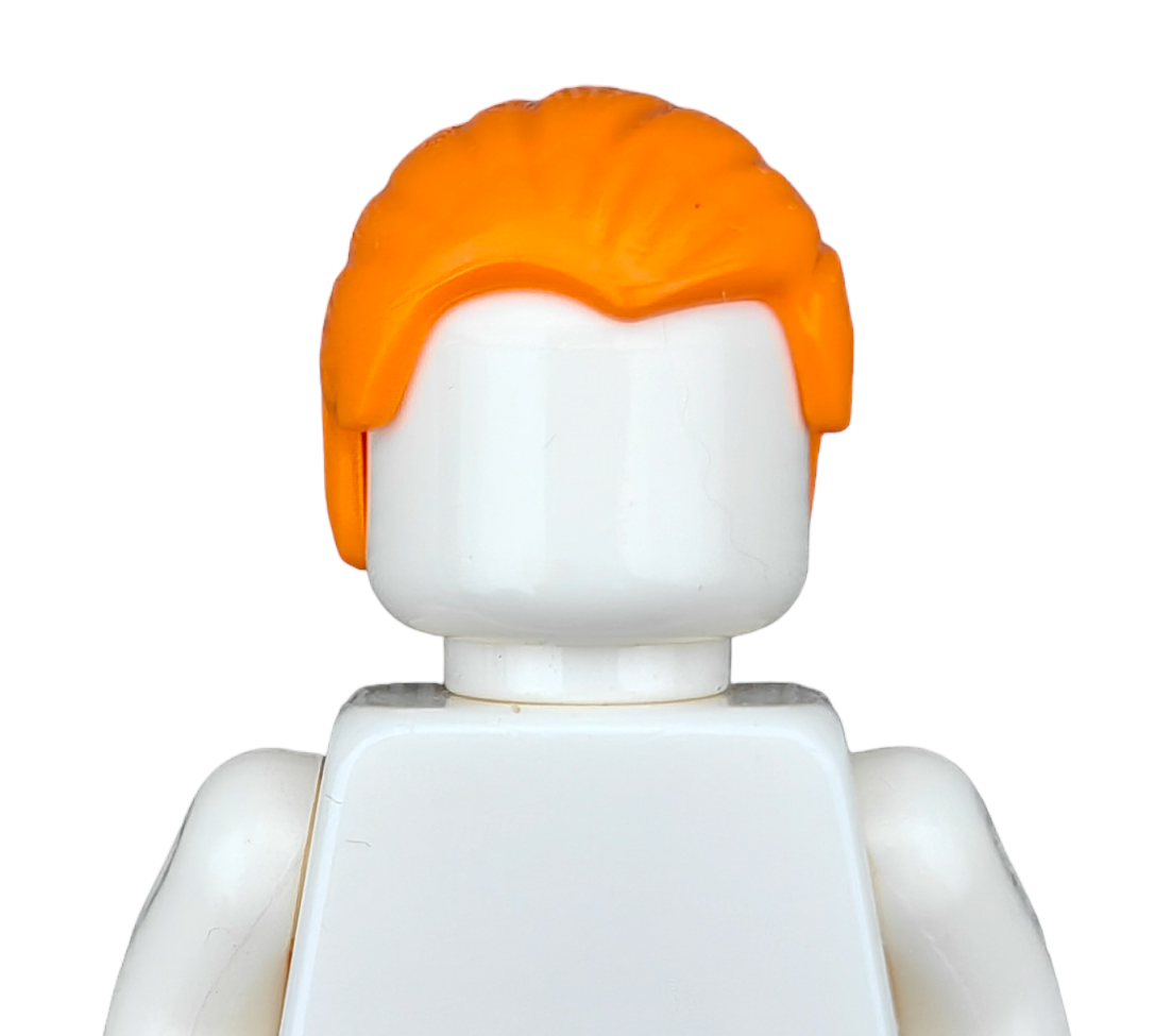 A close-up of a Lego minifigure with the COLOURED WIGS bright orange hair, featuring a plain white head and body with no visible facial features.