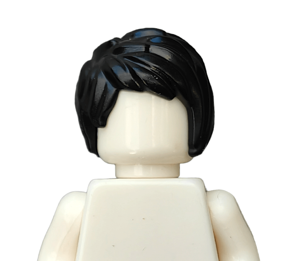 A BLACK WIGS Lego minifigure with black hair and a plain white body, facing forward against a white background, with an undetailed face.