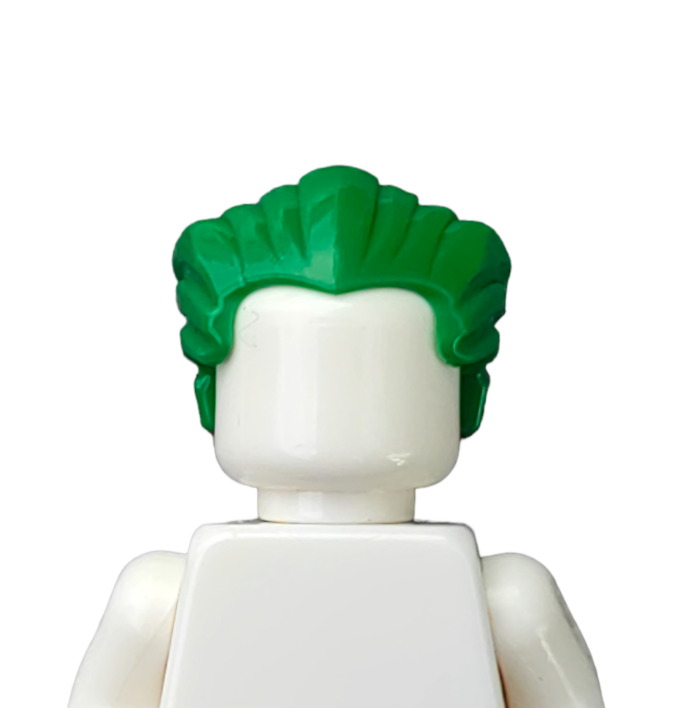 A white Lego minifigure featuring bright green swept-back hair from the COLOURED WIGS series, with a blank face and plain white torso, set against a solid white background.