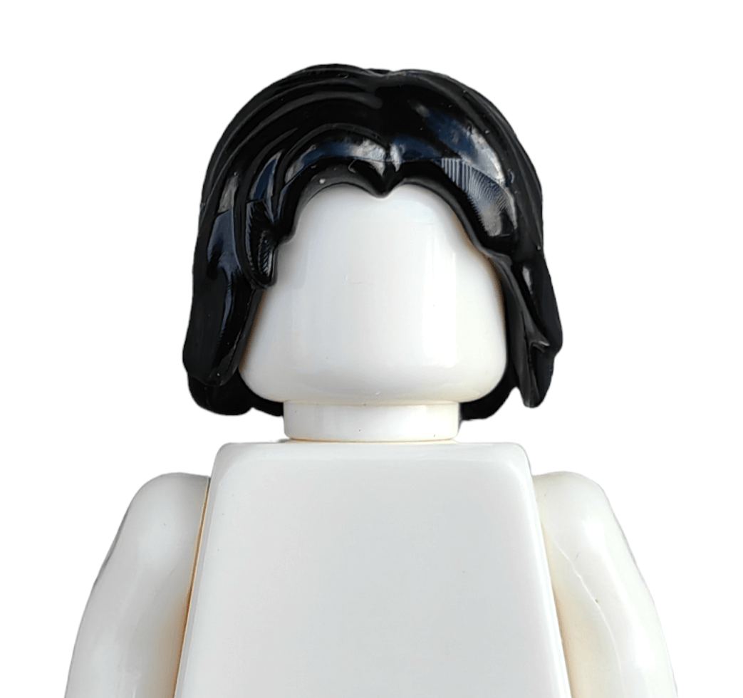 Lego-style minifigure torso with a white body and head, featuring black hair labeled BLACK WIGS, no facial features, on a white background.