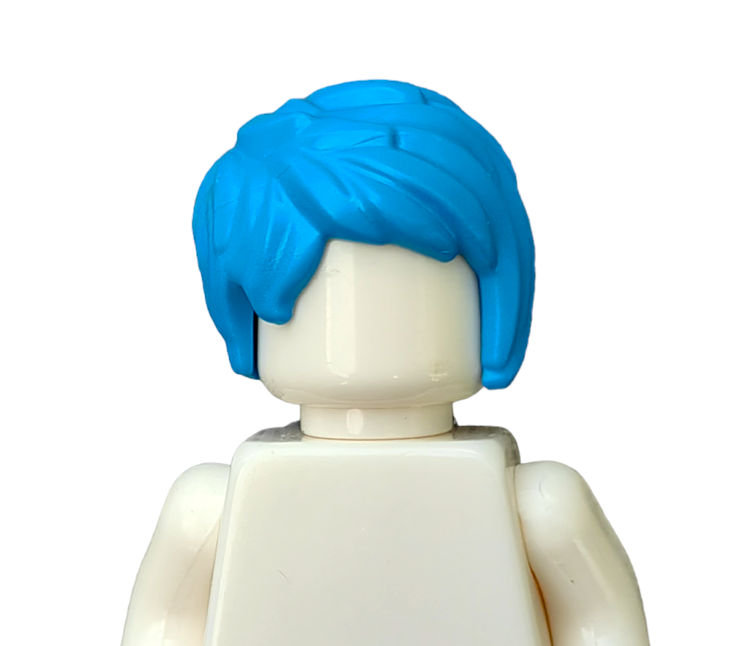 A Lego figure labeled COLOURED WIGS features a plain white body and bright blue hair, set against a white background with no facial features or markings.