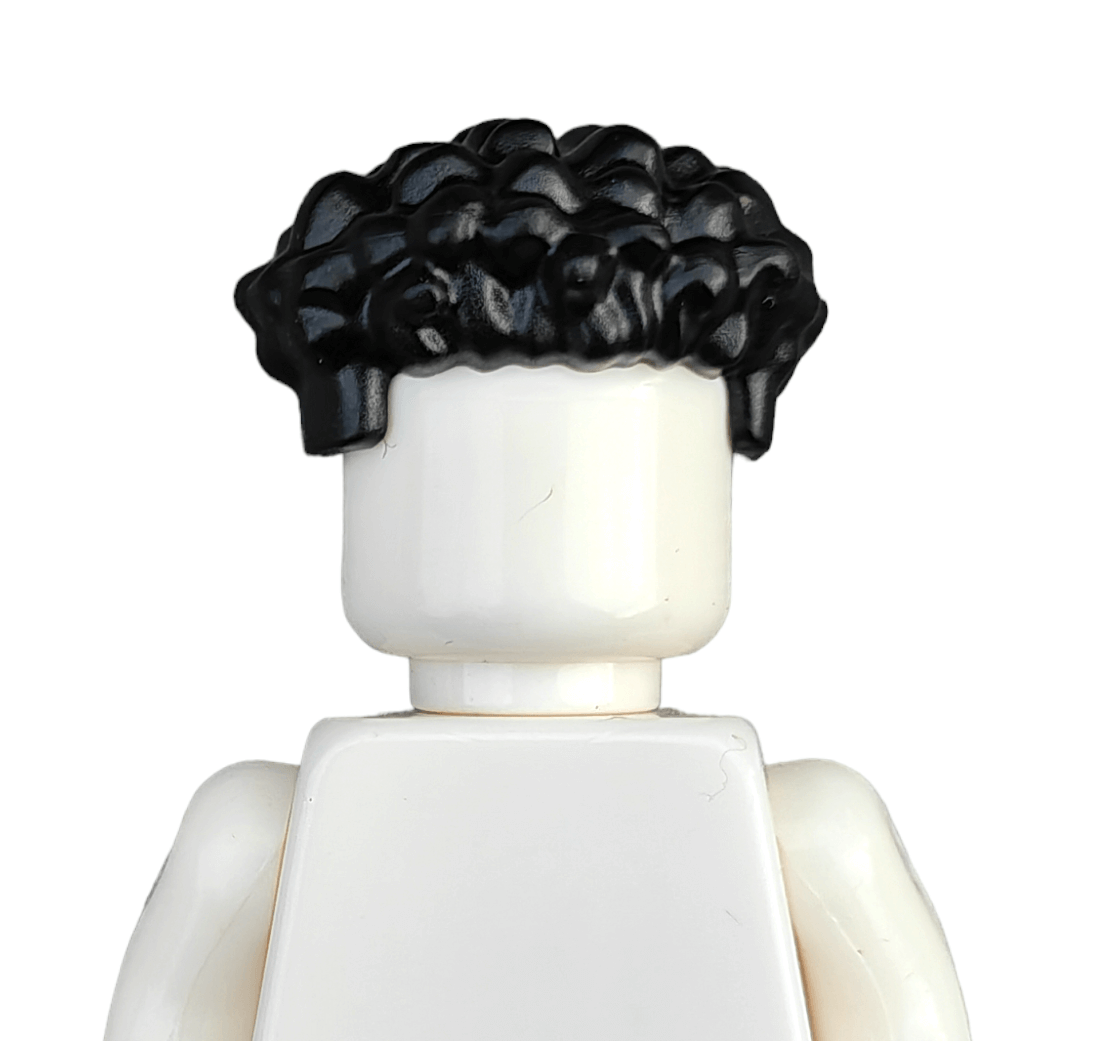 A front view of a white Lego minifigure with a black curly wig from the BLACK WIGS set, featuring no facial features or clothing details, against a plain white background.