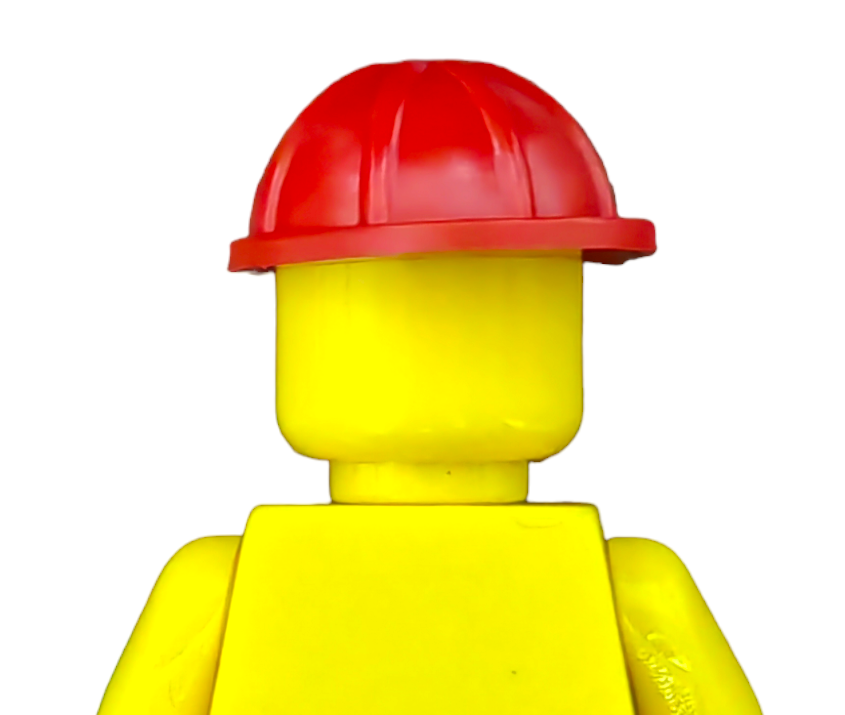 A close-up of a yellow plastic figure resembling a construction worker, wearing a red hard hat, with a featureless, smooth face against a white background. Product: PRODUCT HATS AND HOODIES.