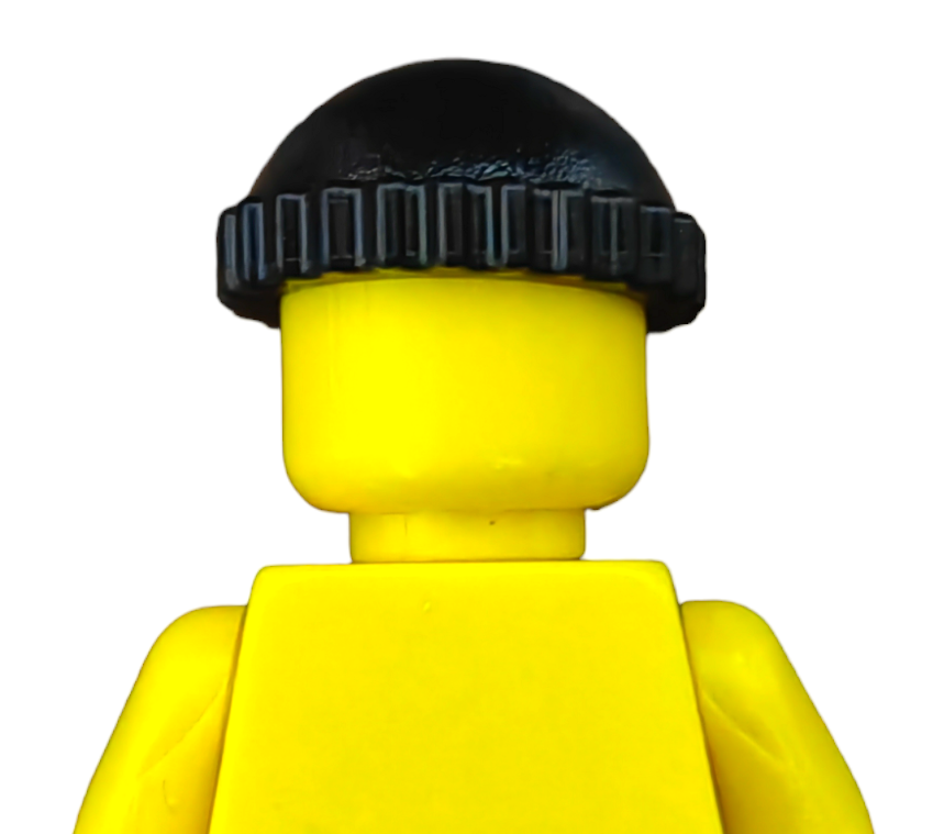 A yellow plastic toy figure, wearing a black knit cap and lacking facial features, is shown from the back on a white background. This item is part of the PRODUCT HATS AND HOODIES collection.