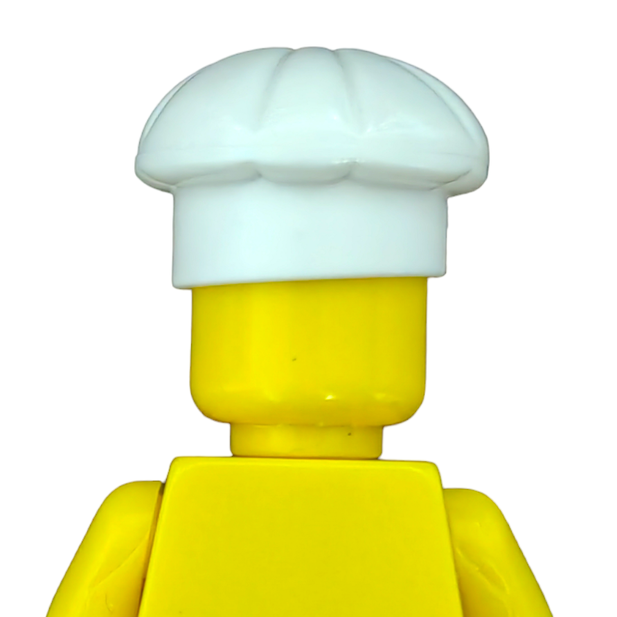 The yellow Lego mini-figure torso and head features a white chefs hat from the PRODUCT HATS AND HOODIES line, shown from the back against a white background.