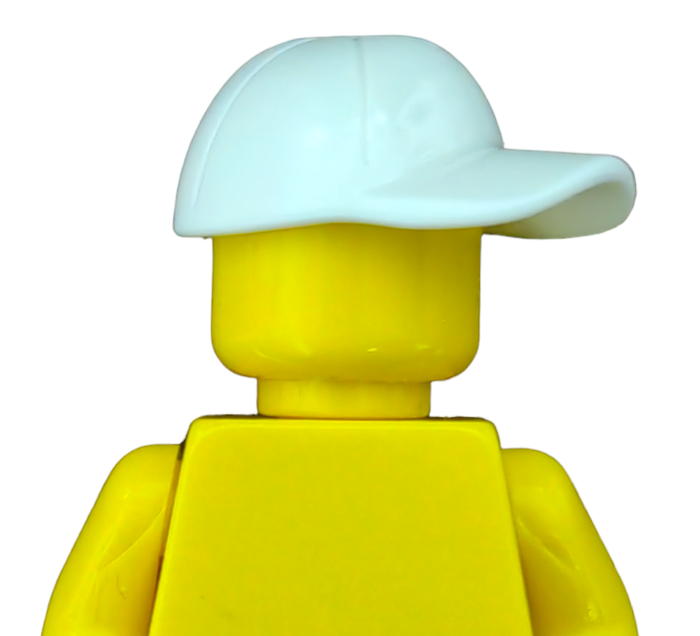 A yellow plastic figure without facial features wears a white baseball cap from PRODUCT HATS AND HOODIES, with its head slightly turned and back visible against a plain white background.