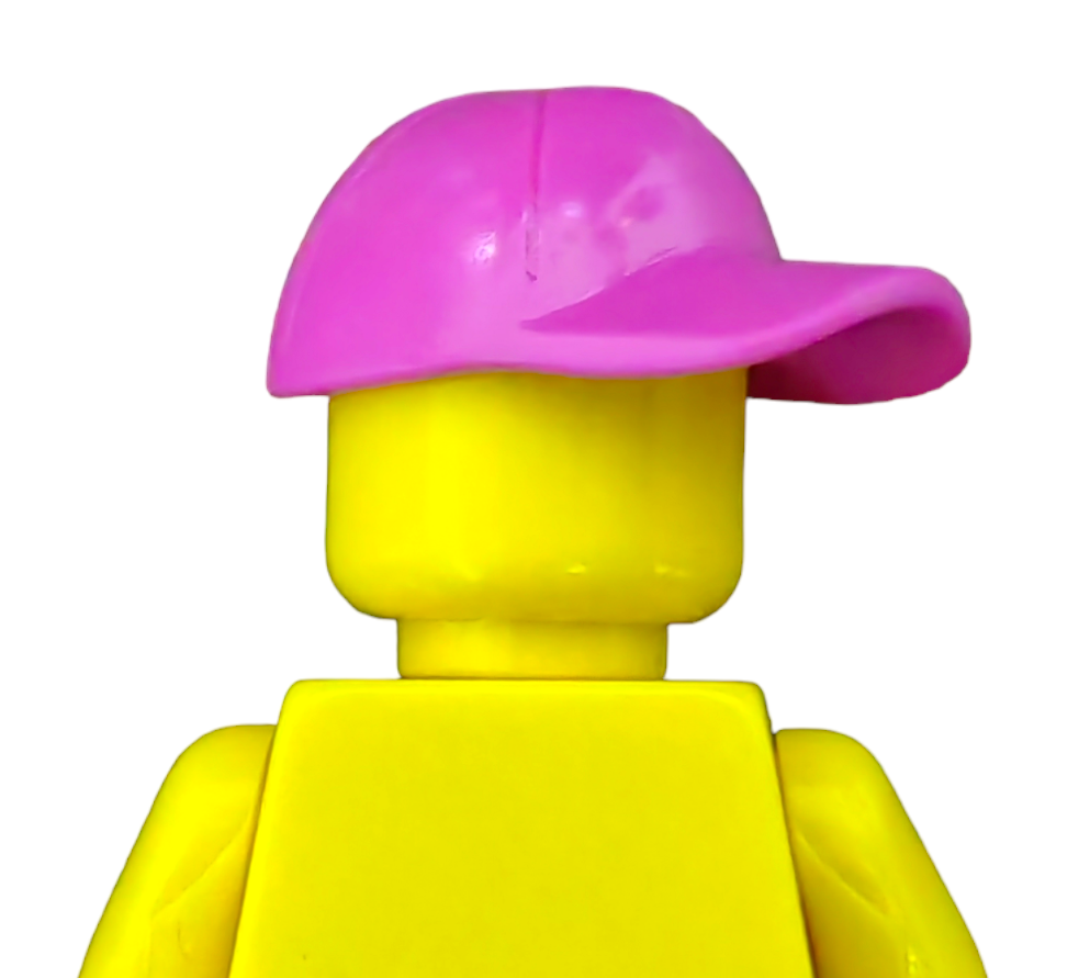 A yellow toy figure in a pink tilted baseball cap facing away, set against a white background. Product: HATS AND HOODIES.