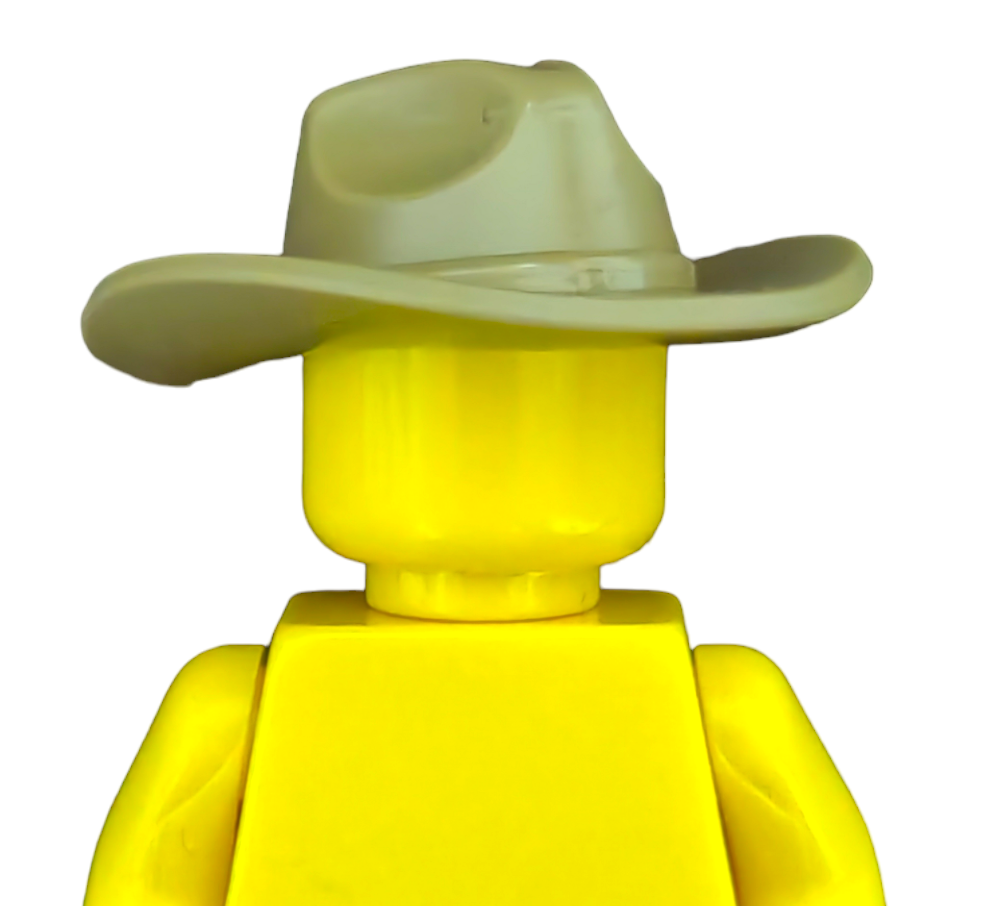 A PRODUCT HATS AND HOODIES yellow toy figure with a smooth surface, wearing a white cowboy hat, has no facial features or clothing and is set against a plain white background.