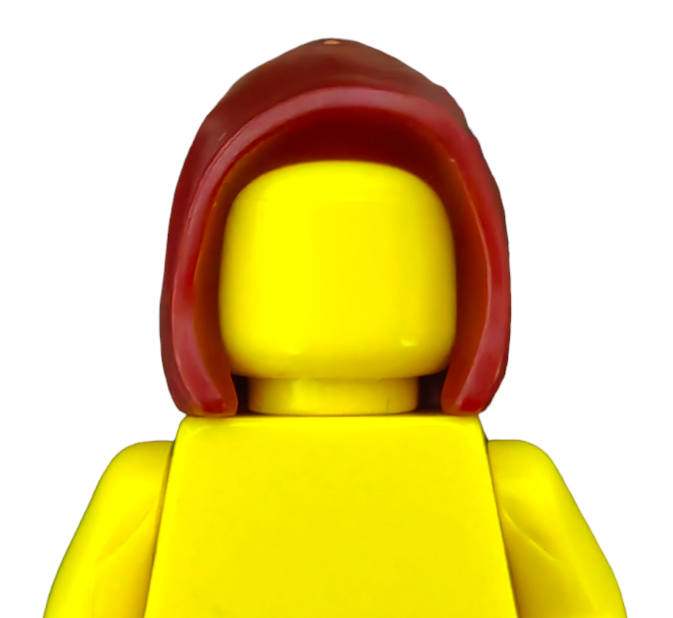 Close-up of a minimalist yellow Lego figure from the PRODUCT HATS AND HOODIES line, featuring a smooth, round head with red hood-like hair, facing forward against a plain white background and lacking facial features.