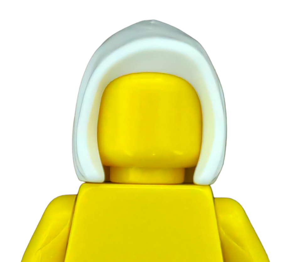 A yellow toy figure from PRODUCT HATS AND HOODIES series, wearing a white hood, is featureless and made of smooth plastic against a plain white background.