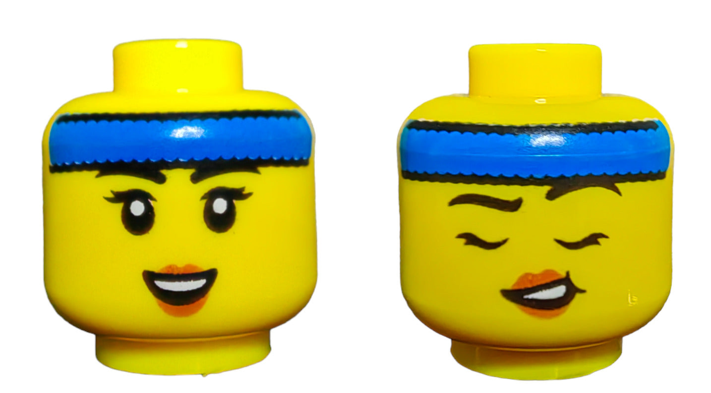 LEGO Head, Dual Sided Head Female with Black Eyebrows and Eyelashes, Blue Headband. - UB1390
