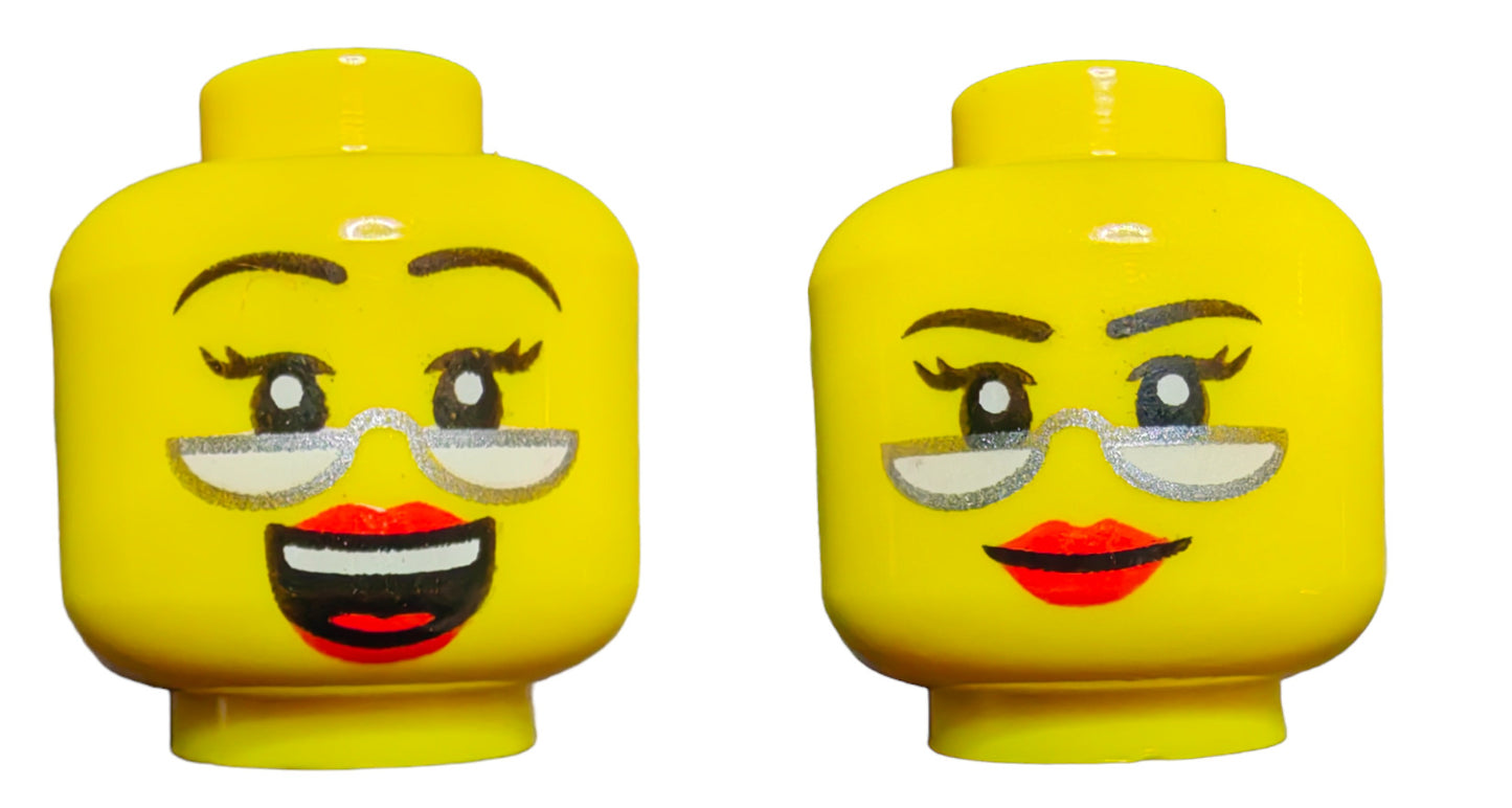 LEGO Head, Dual Sided Head Female Black Thin Eyebrows, Red Lips, Silver Glasses - UB1391