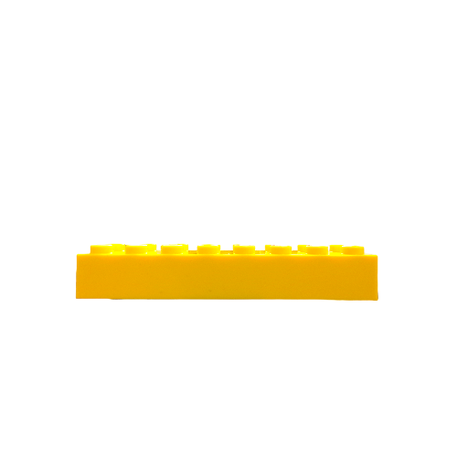 A side view of a yellow rectangular 2X8 BRICKS building block with eight pegs against a plain backdrop.